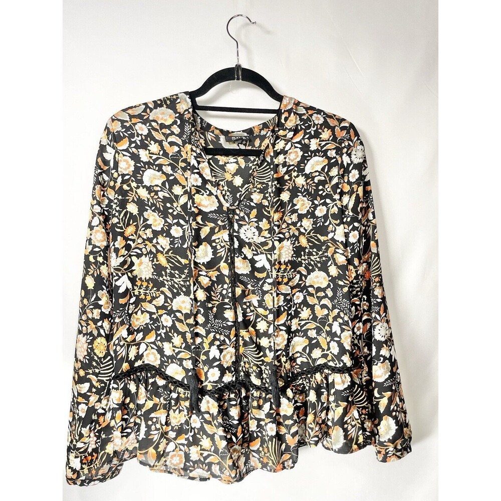 A.N.A Grandmacore Long Sleeve Crew Neck Blouse Size PM Floral Black/Orange
